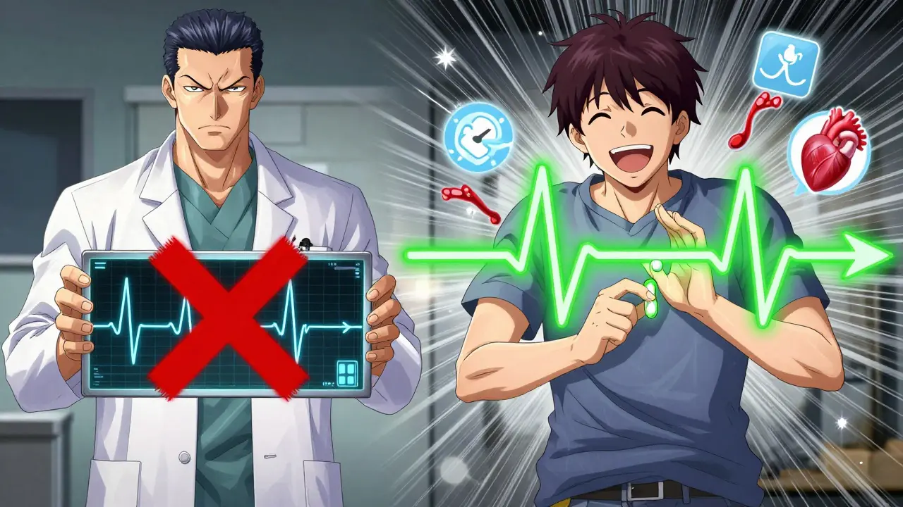 Contrasting scene: dangerous verapamil-beta-blocker combo blocked by red X versus safe amlodipine combo with glowing green pulse.