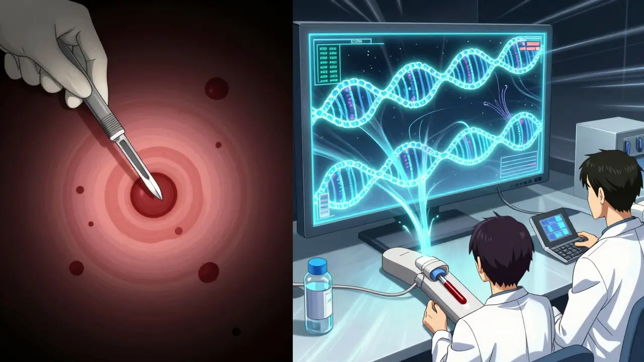 Contrasting traditional biopsy with modern liquid biopsy, showing surgical tools on one side and digital DNA data on the other.