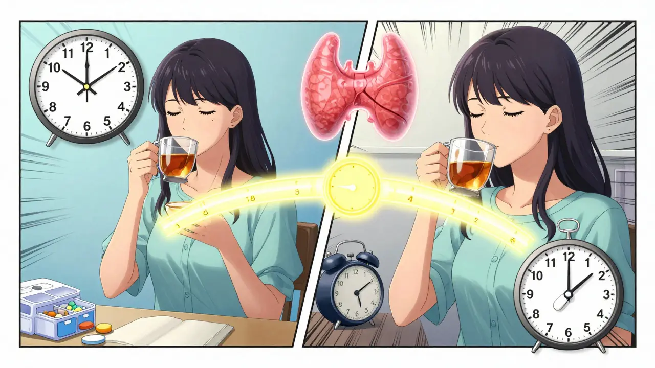Daily schedule showing iron and calcium supplements taken 4 hours apart from thyroid medication.