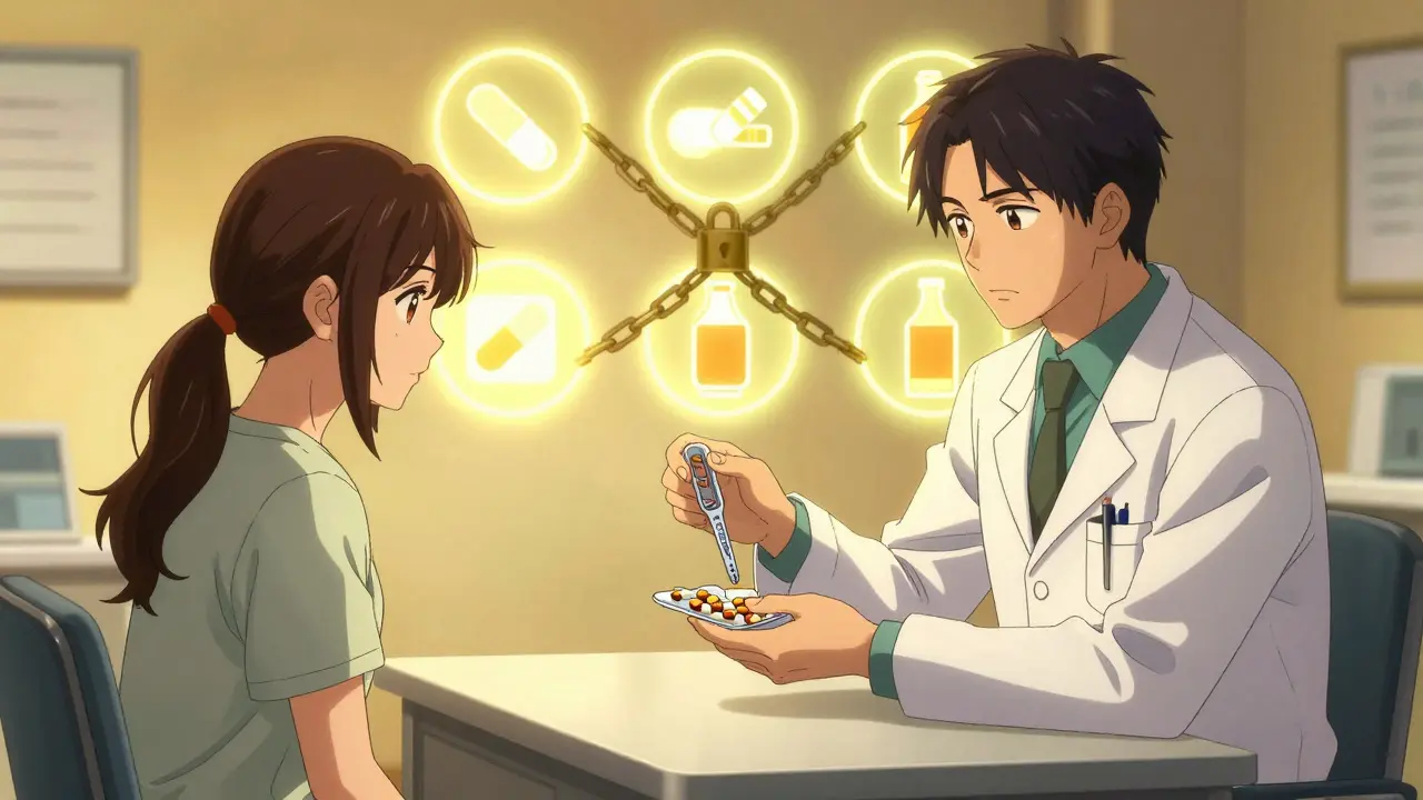 Doctor offers low-dose pills and safety tools, while dangerous substances are locked away in the background.