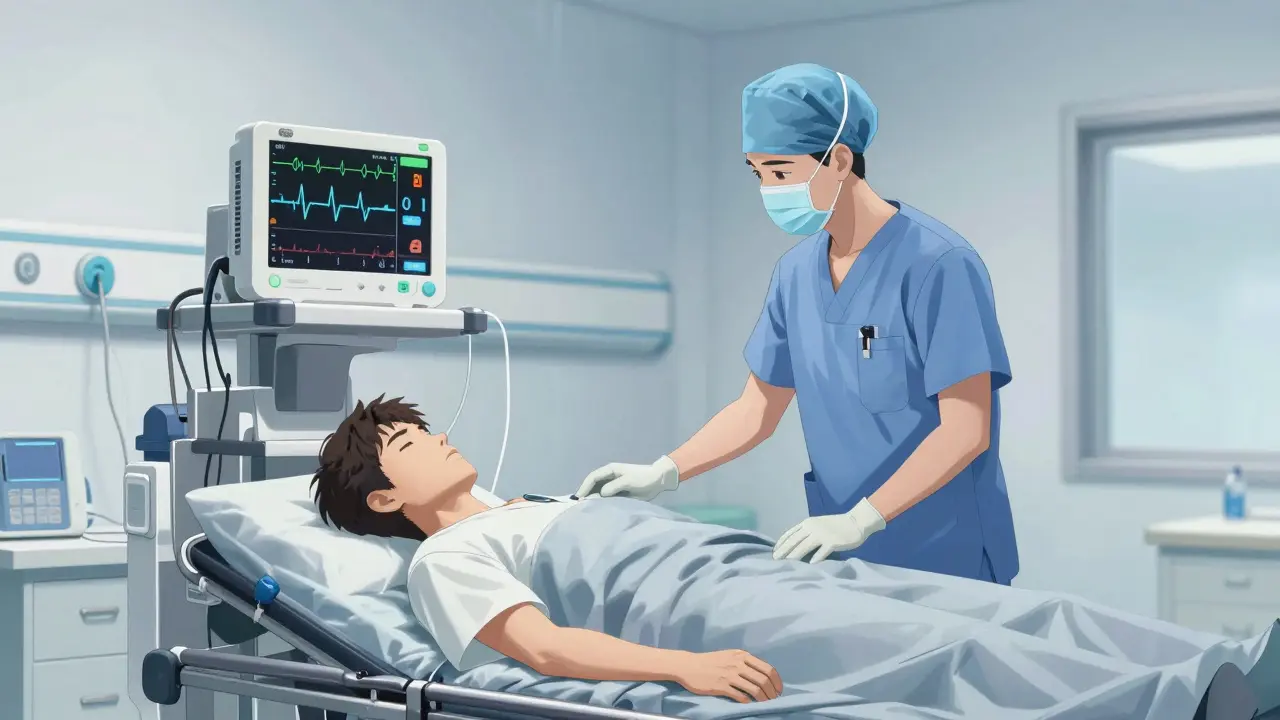 Doctor tending to patient on hospital stretcher with monitor