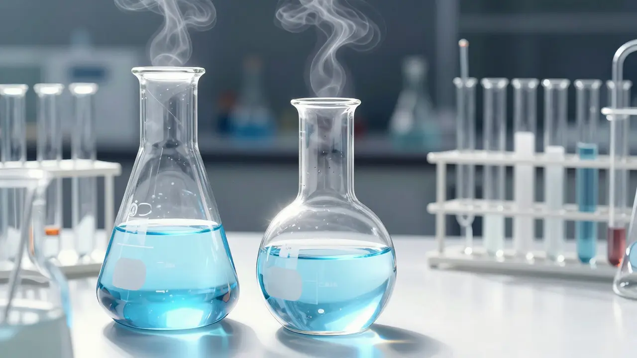 Glowing beakers in a chemistry laboratory setting.