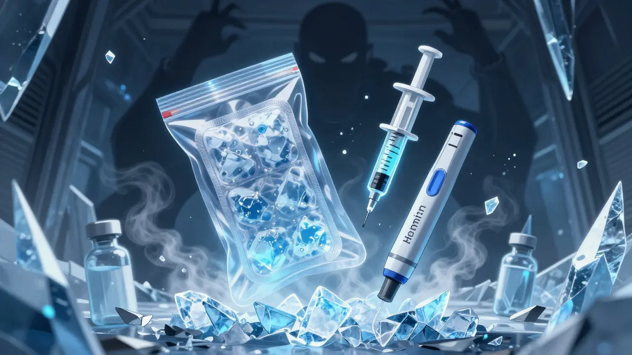 Insulin pen and auto-injector surrounded by frozen gel packs glowing with protective blue light.