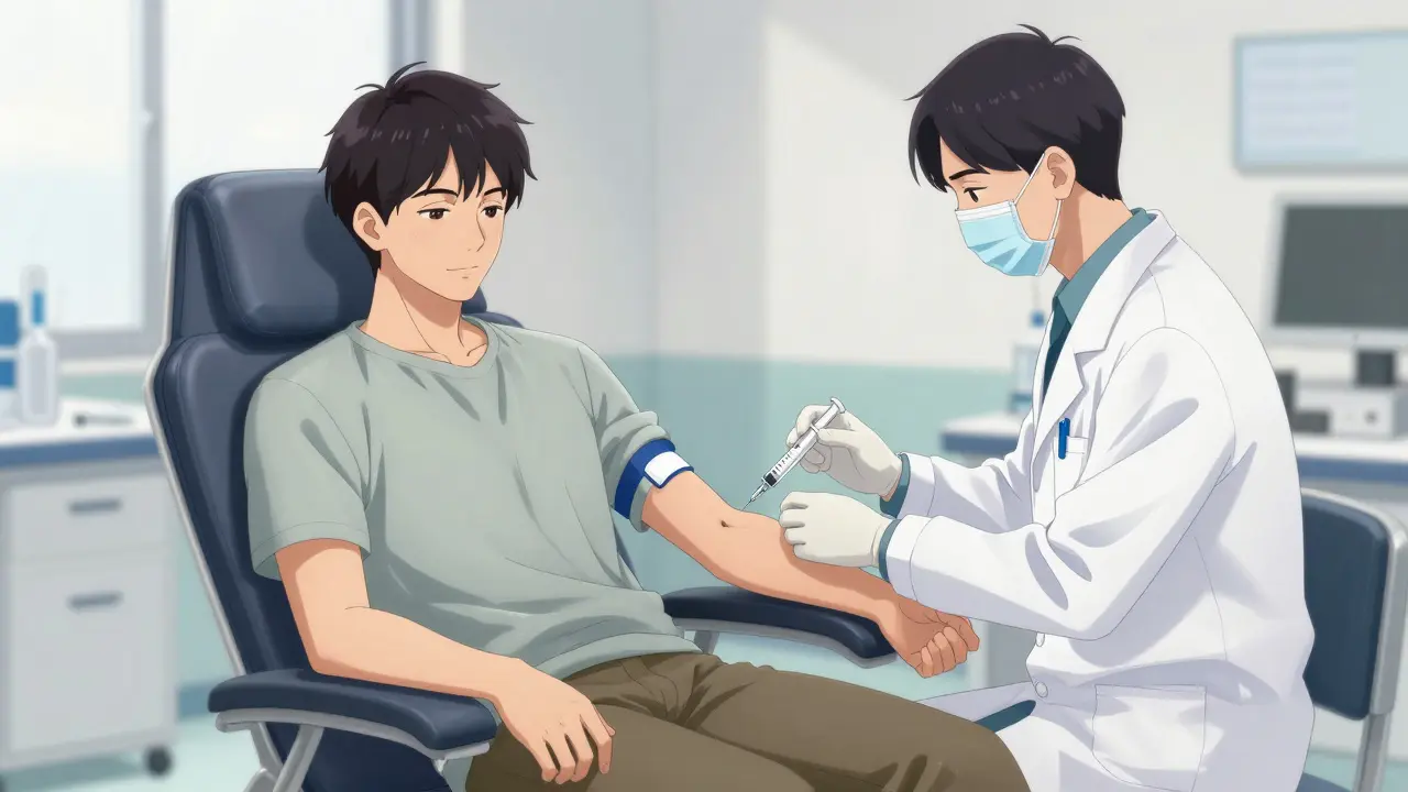 Medical volunteer having blood drawn by a researcher.
