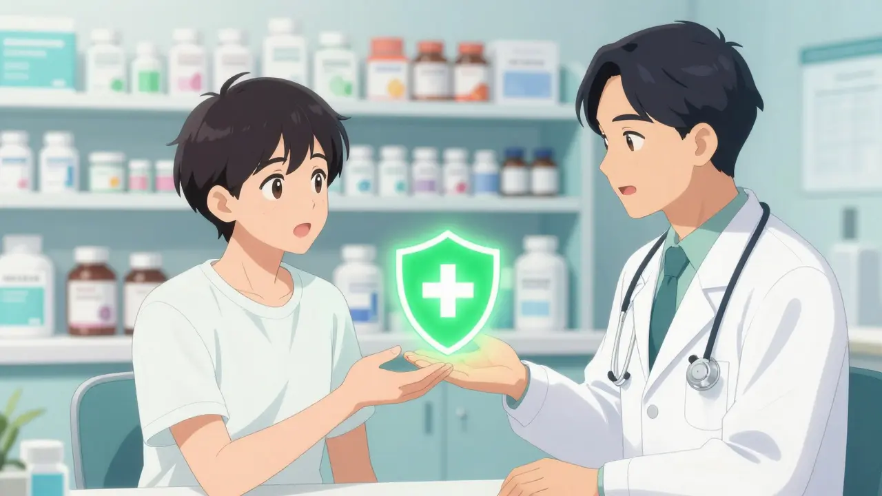 Patient consulting doctor with safety shield icon.