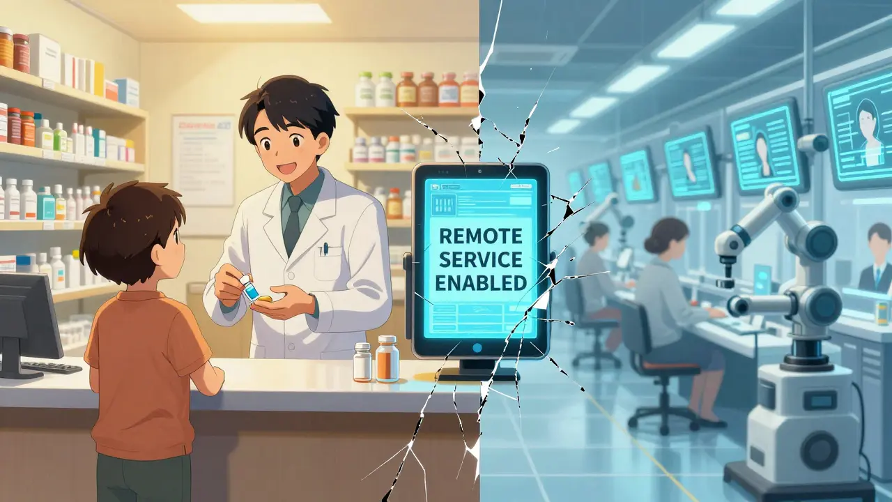 Pharmacy counter divided between warm human care and cold digital automation.