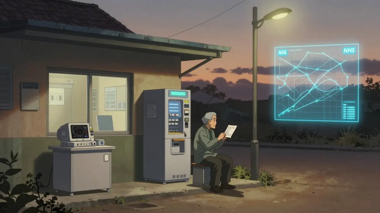 Rural health hub at dusk with isolated man waiting under streetlamp, automated pharmacy kiosk nearby.