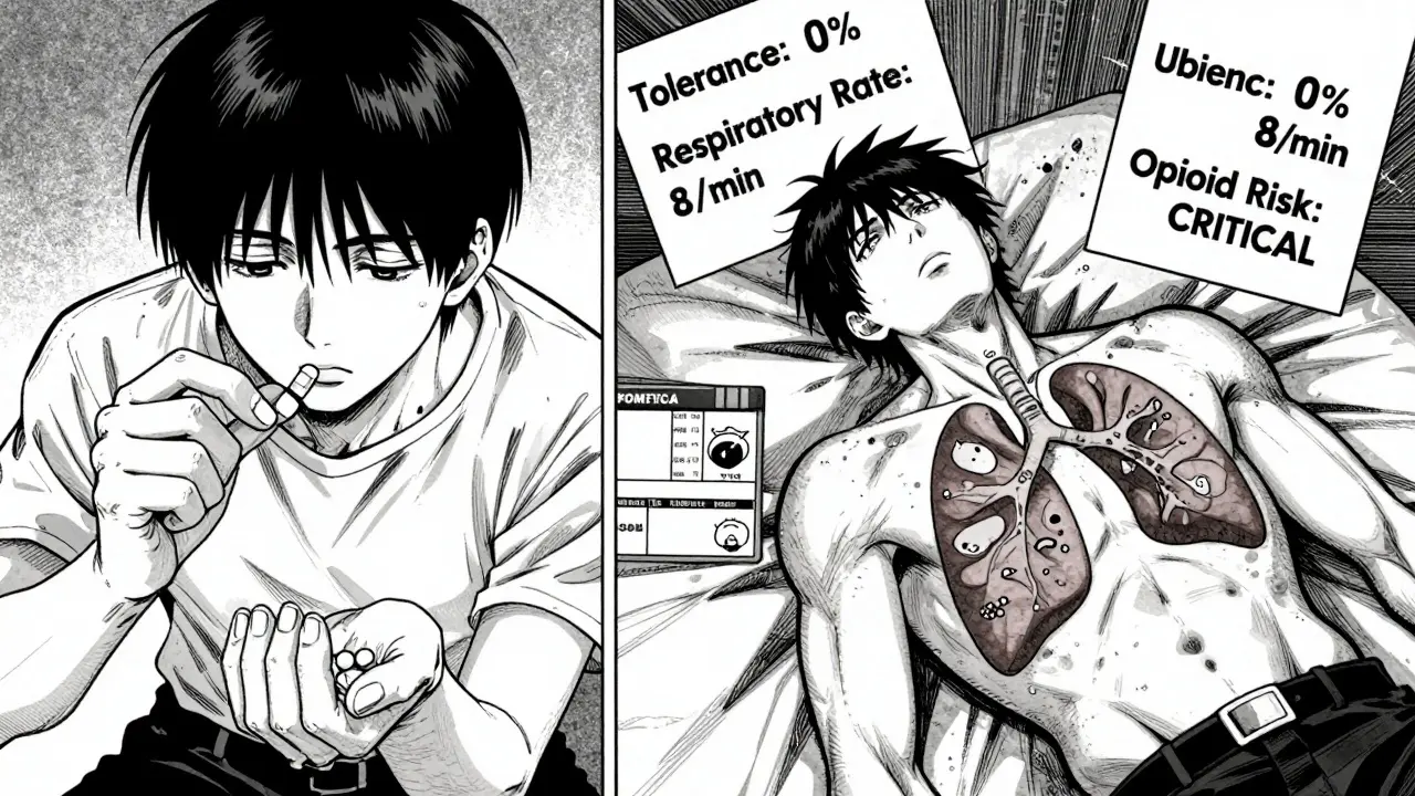 Split scene: taking old dose vs. body collapsing, with medical data showing zero tolerance and slow breathing.