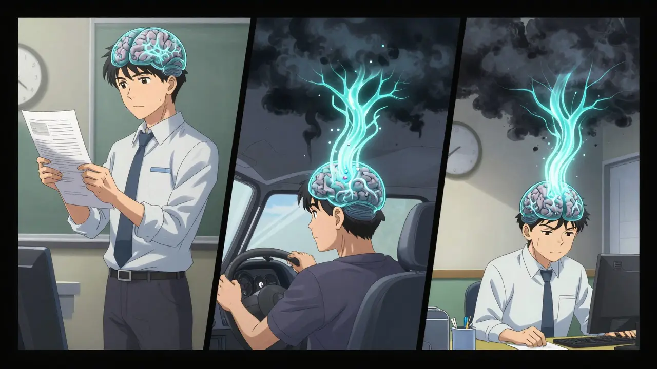 Three individuals with glowing neural pathways of medication combating fatigue clouds in daily life.