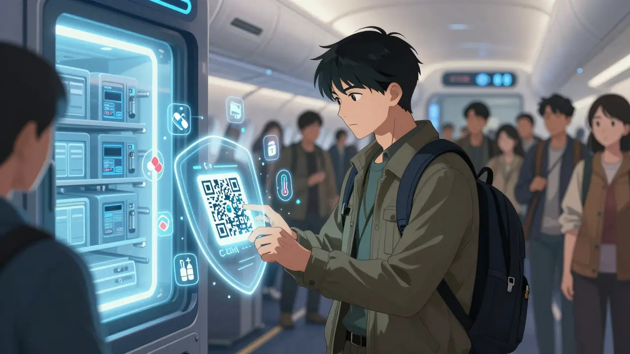 Traveler scanning a digital medication passport with holographic medical icons floating around them.