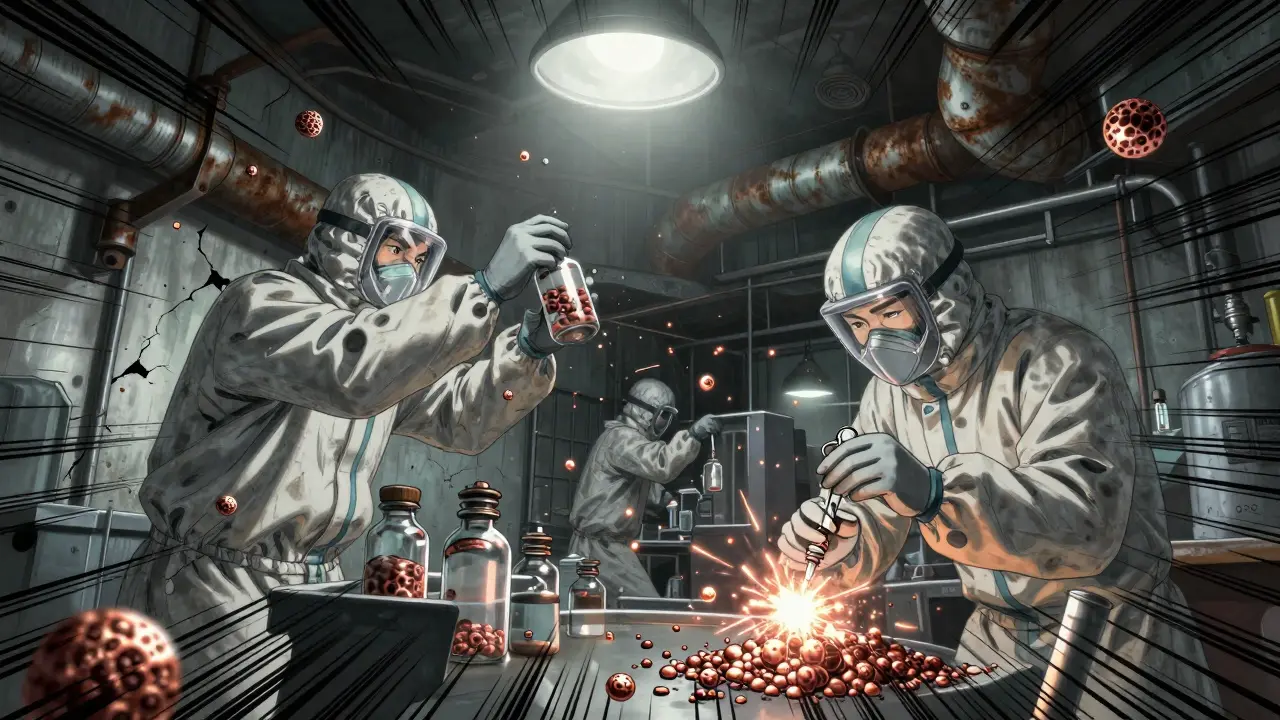 Workers in a crumbling drug factory handle open vials as airborne contaminants glow in harsh industrial light.