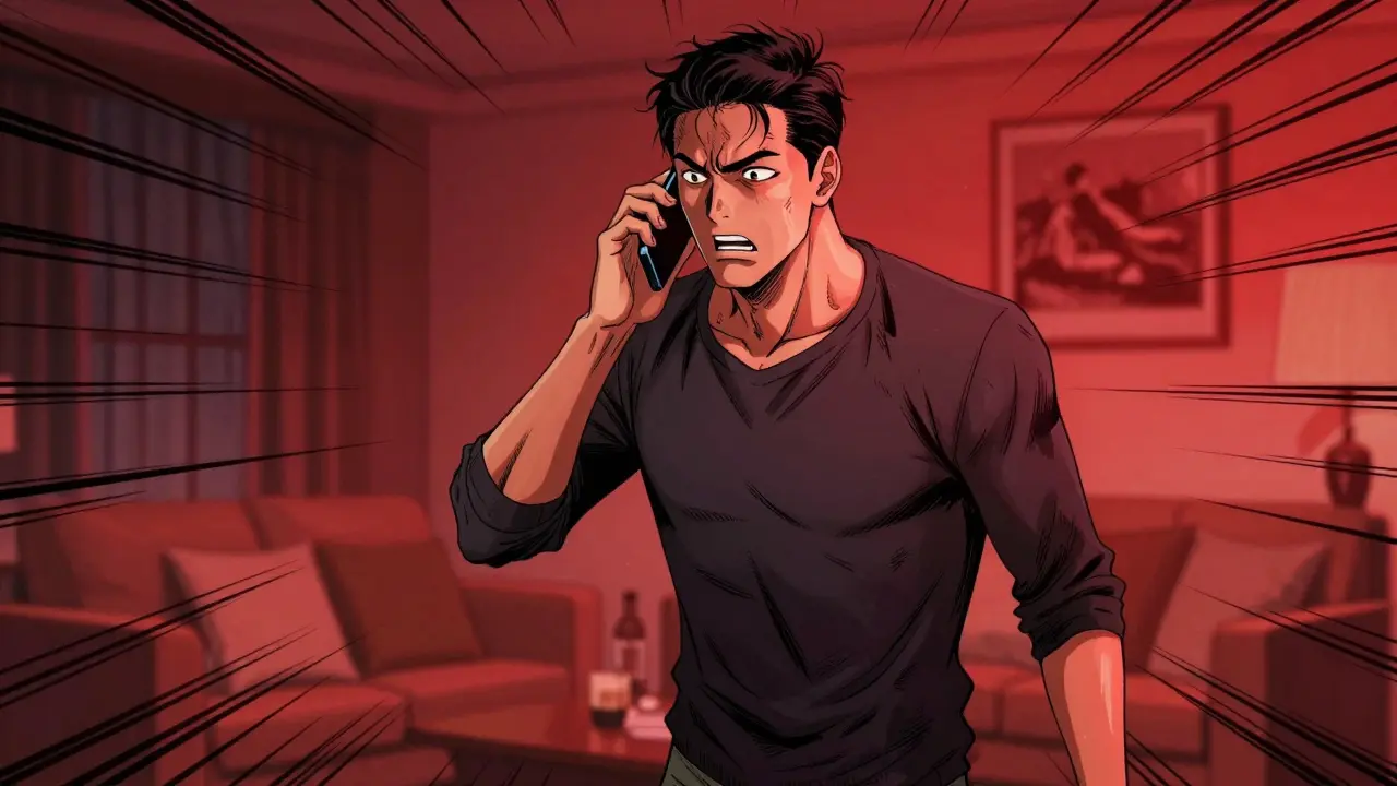 Worried adult making urgent emergency phone call indoors