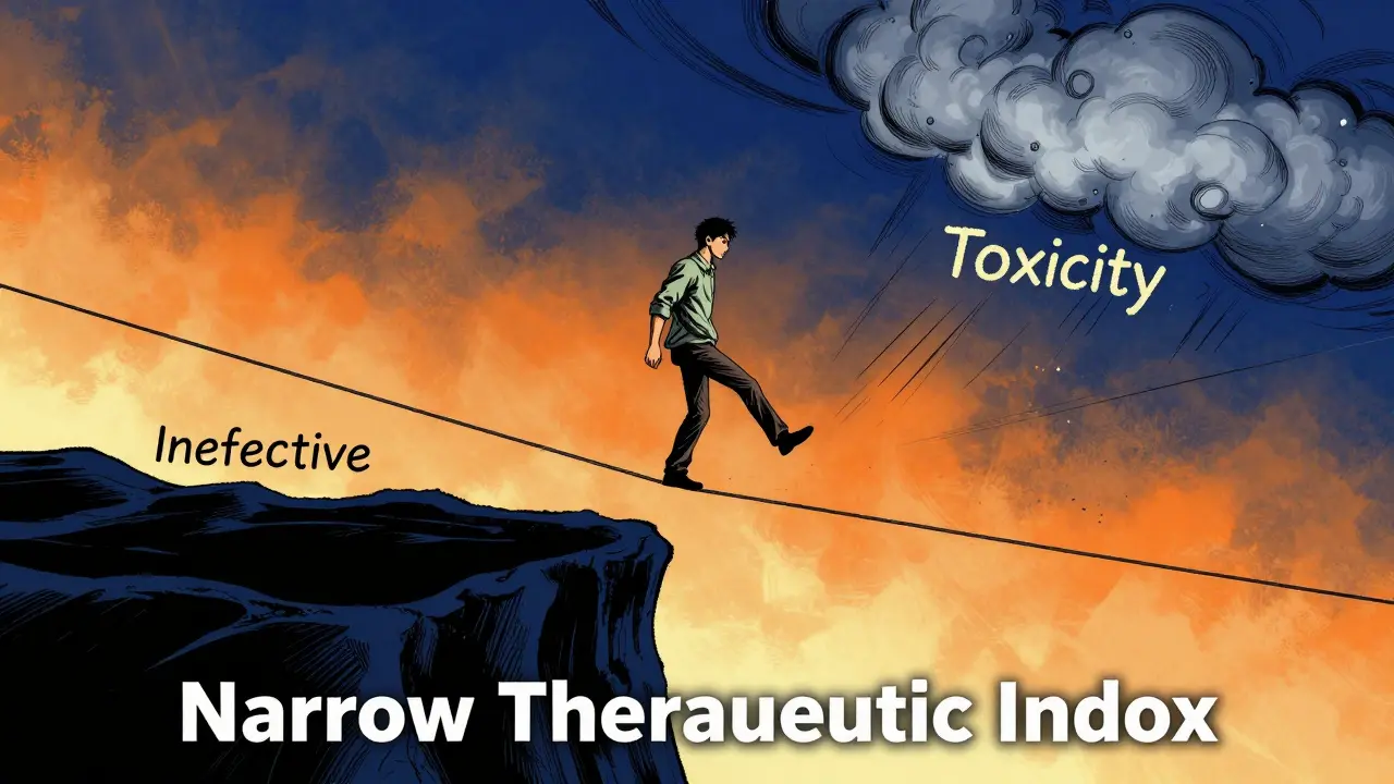 A conceptual image of a person balancing on a tightrope between drug toxicity and failure.