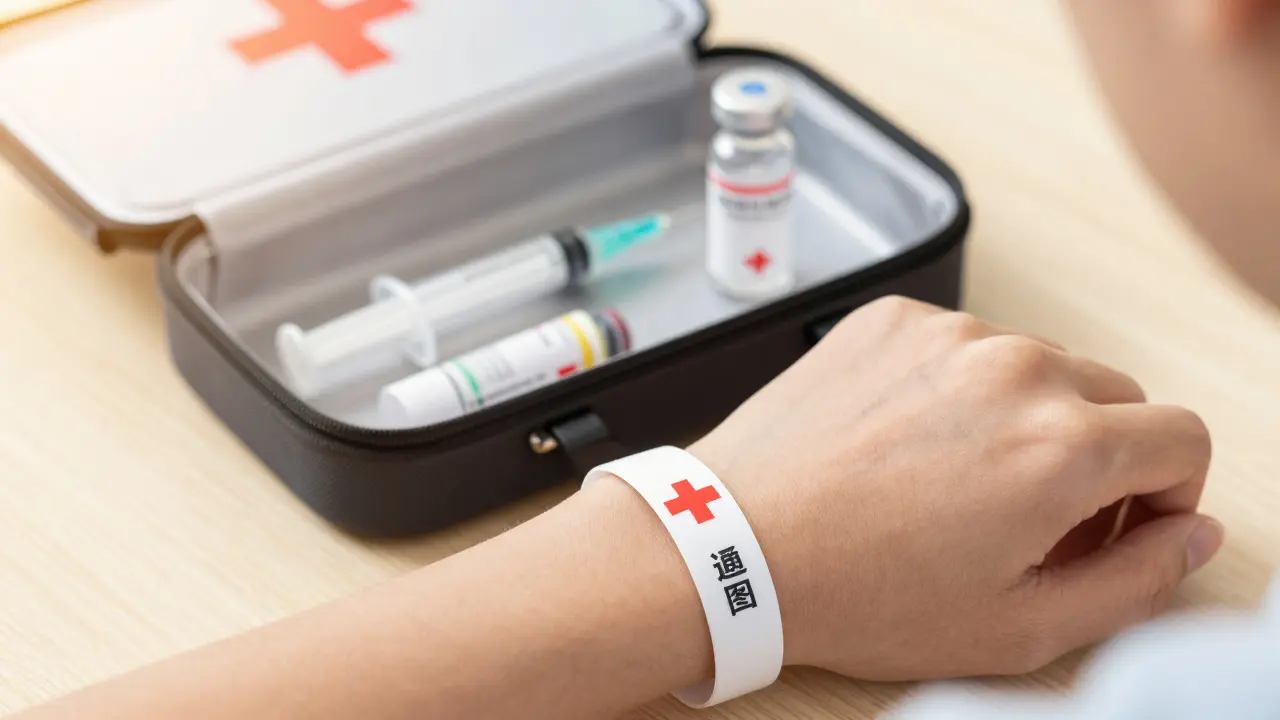 Close-up of a medical alert bracelet and emergency injection kit in manhua style
