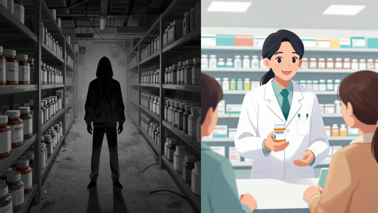 Comparison between a sketchy underground vendor and a professional licensed pharmacy.