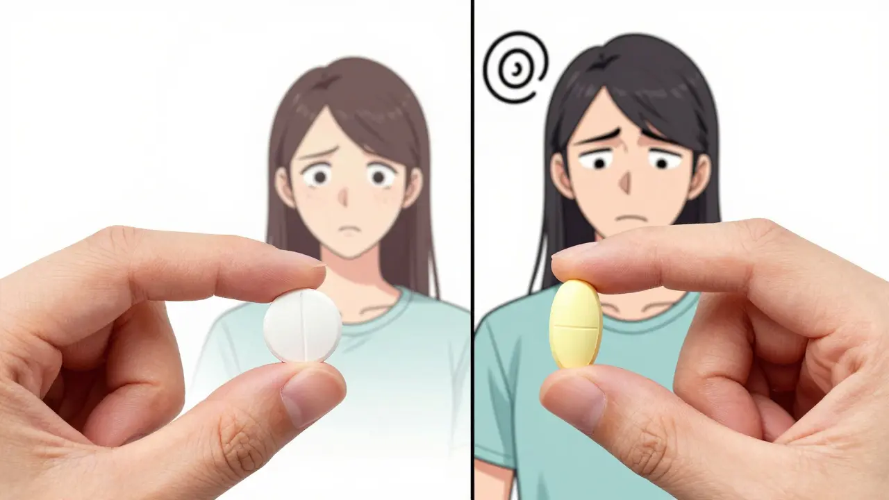 Comparison of two different generic pills of different shapes and colors causing patient confusion.