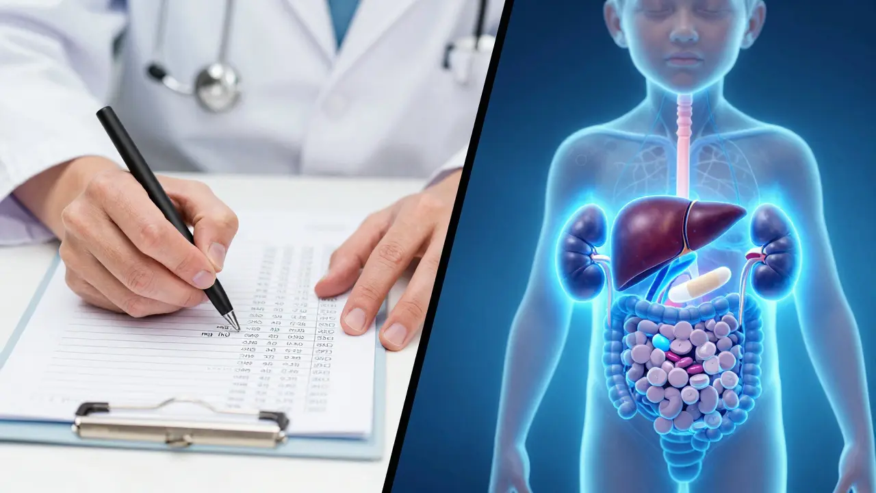 Conceptual illustration of pediatric medication calculations and organ function