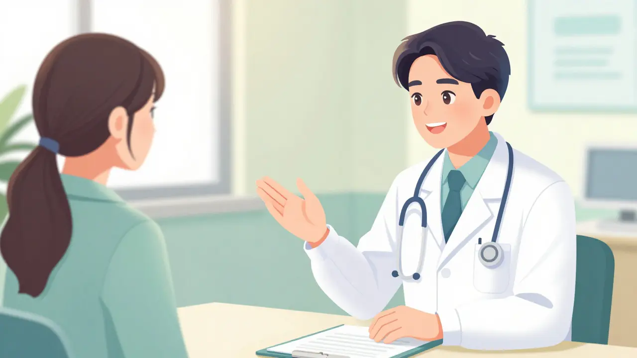 Doctor and patient discussing a medication tapering plan in a modern clinic.