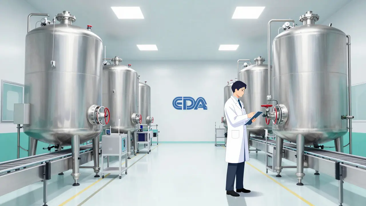 FDA inspector checking a sterile, high-tech generic drug manufacturing plant in manhua style.