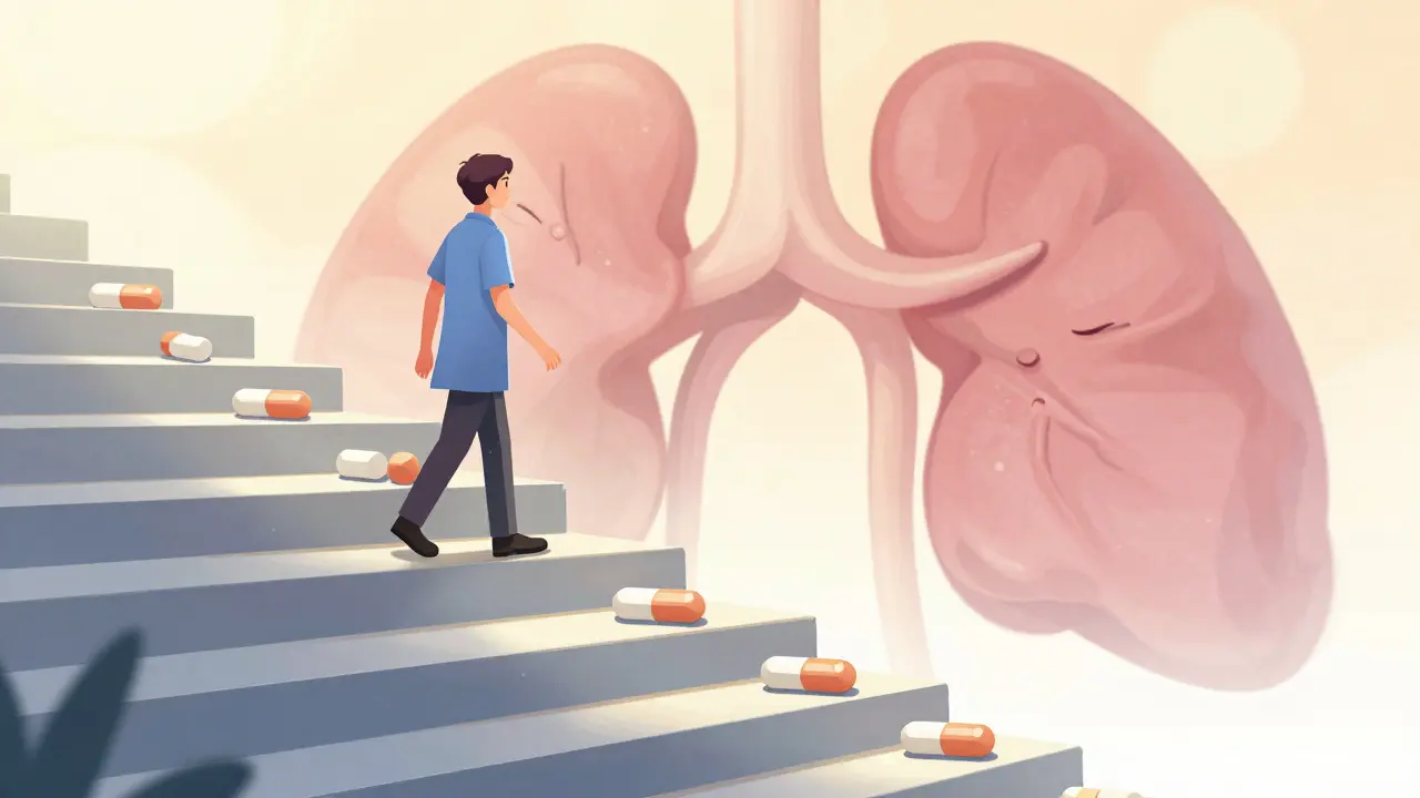 Manhua art of a person descending a staircase of decreasing pill sizes toward a waking sun.