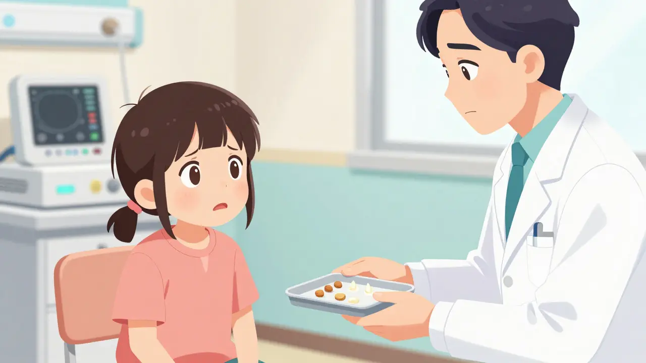 Manhua illustration of a patient undergoing a supervised oral food challenge in a clinic.