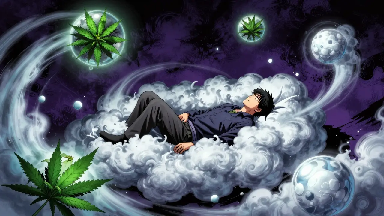 Manhua illustration of a person overwhelmed by a swirling vortex of cannabis and sedative effects.