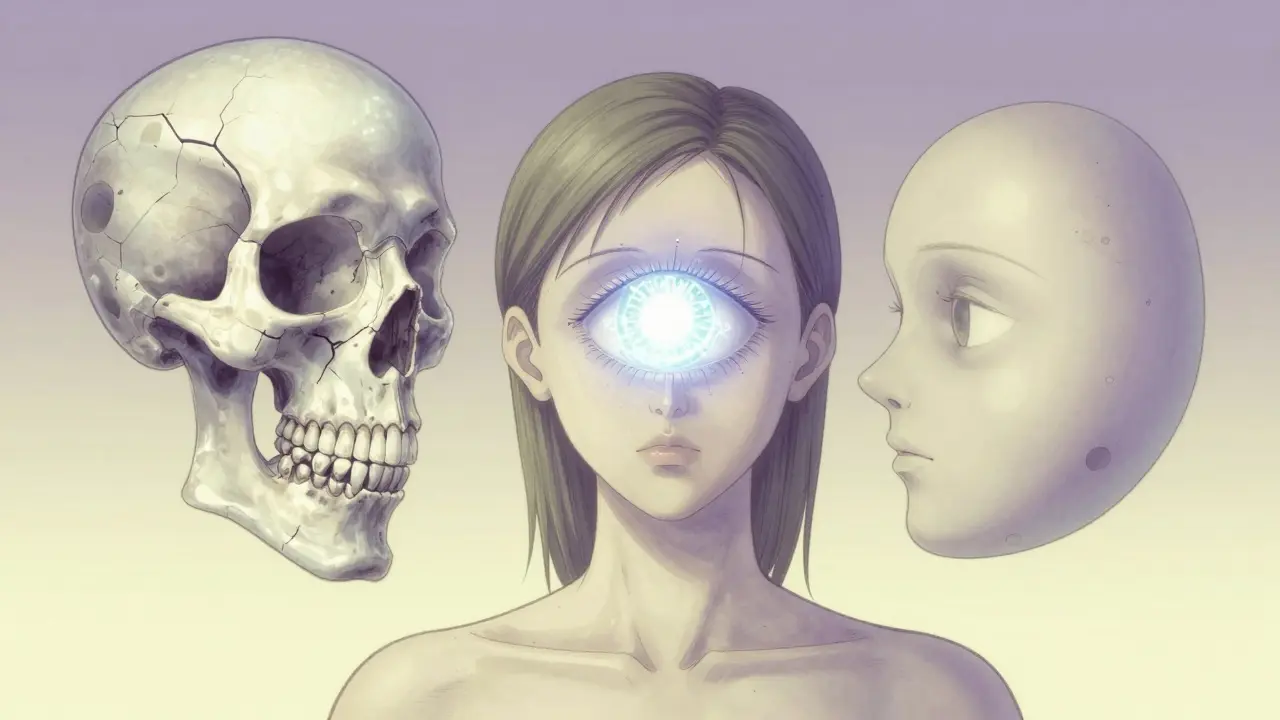 Manhua illustration of a person with visual symbols of bone loss, cataracts, and facial swelling.