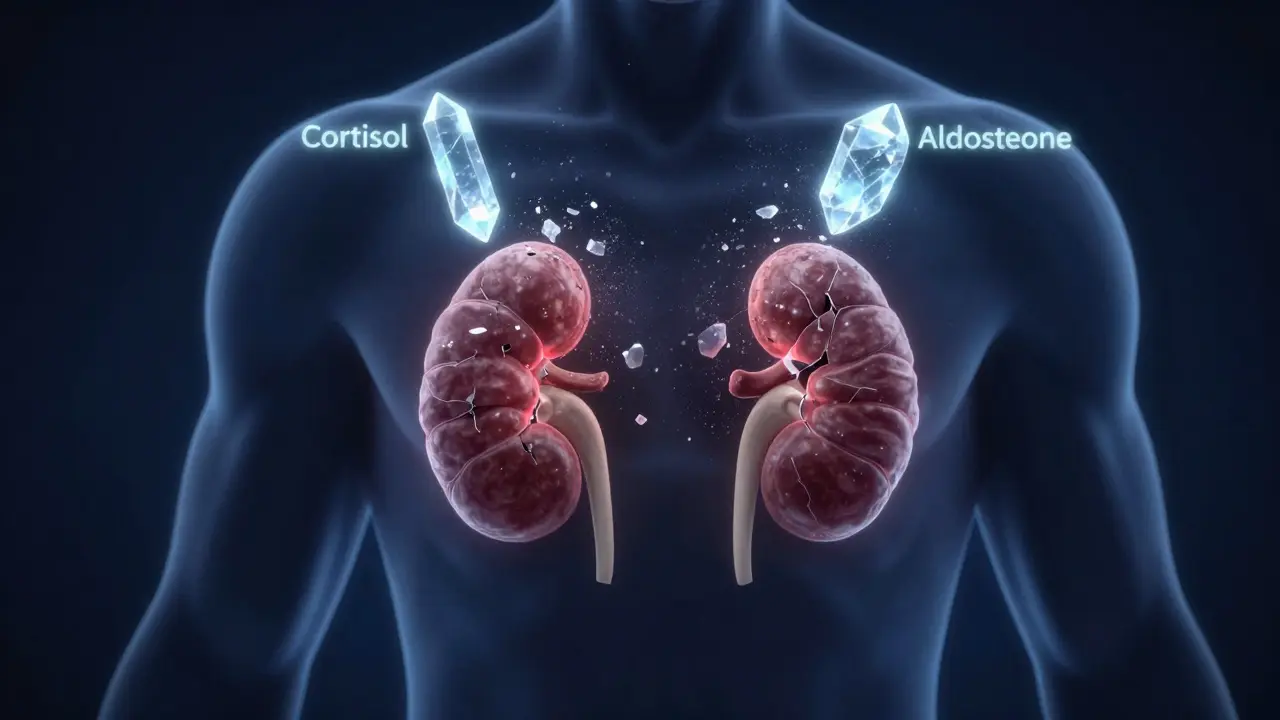 Manhua illustration of kidneys and failing adrenal glands with breaking hormone symbols
