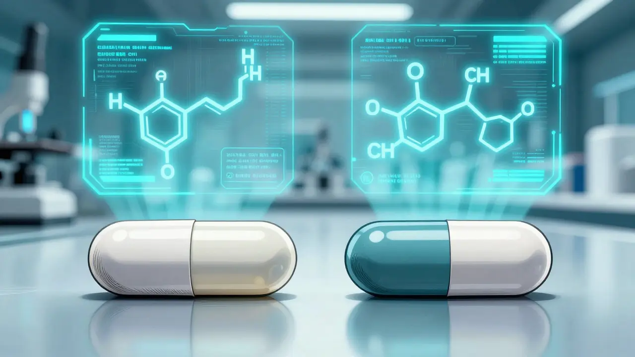 Manhua style depiction of two identical medicine capsules with holographic chemical structures above them.