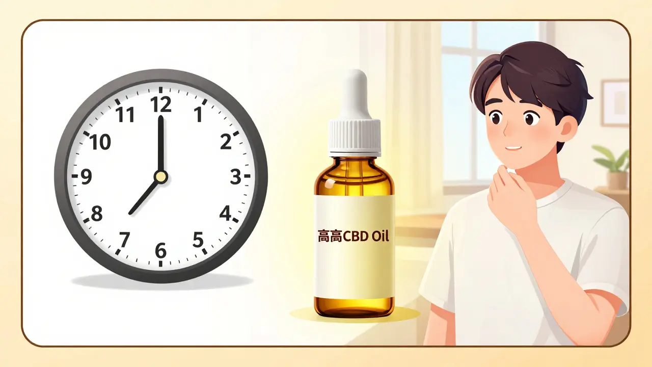 Manhua style image showing a clock for dosing intervals and a bottle of CBD oil for safety.