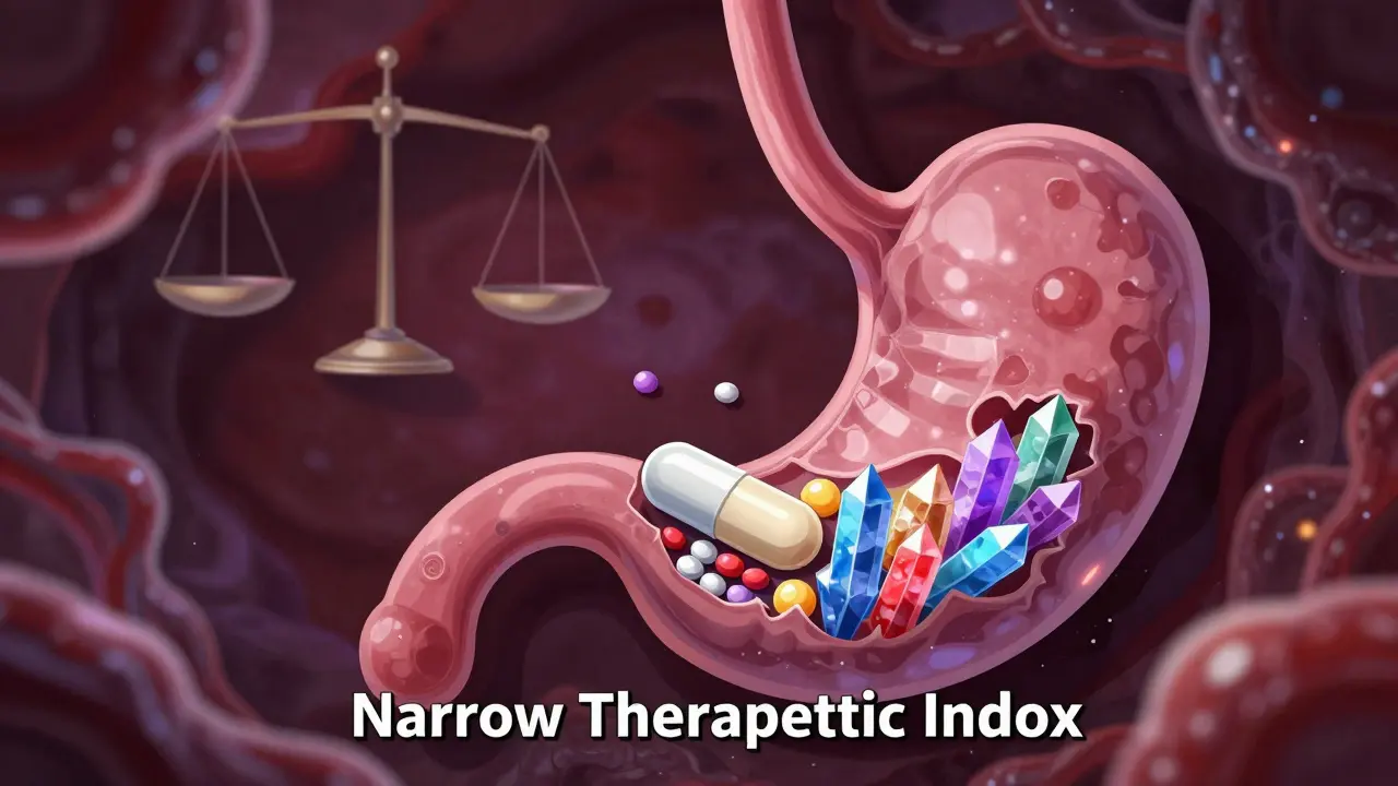 Manhua style microscopic view of a pill dissolving in the stomach with crystalline filler structures.