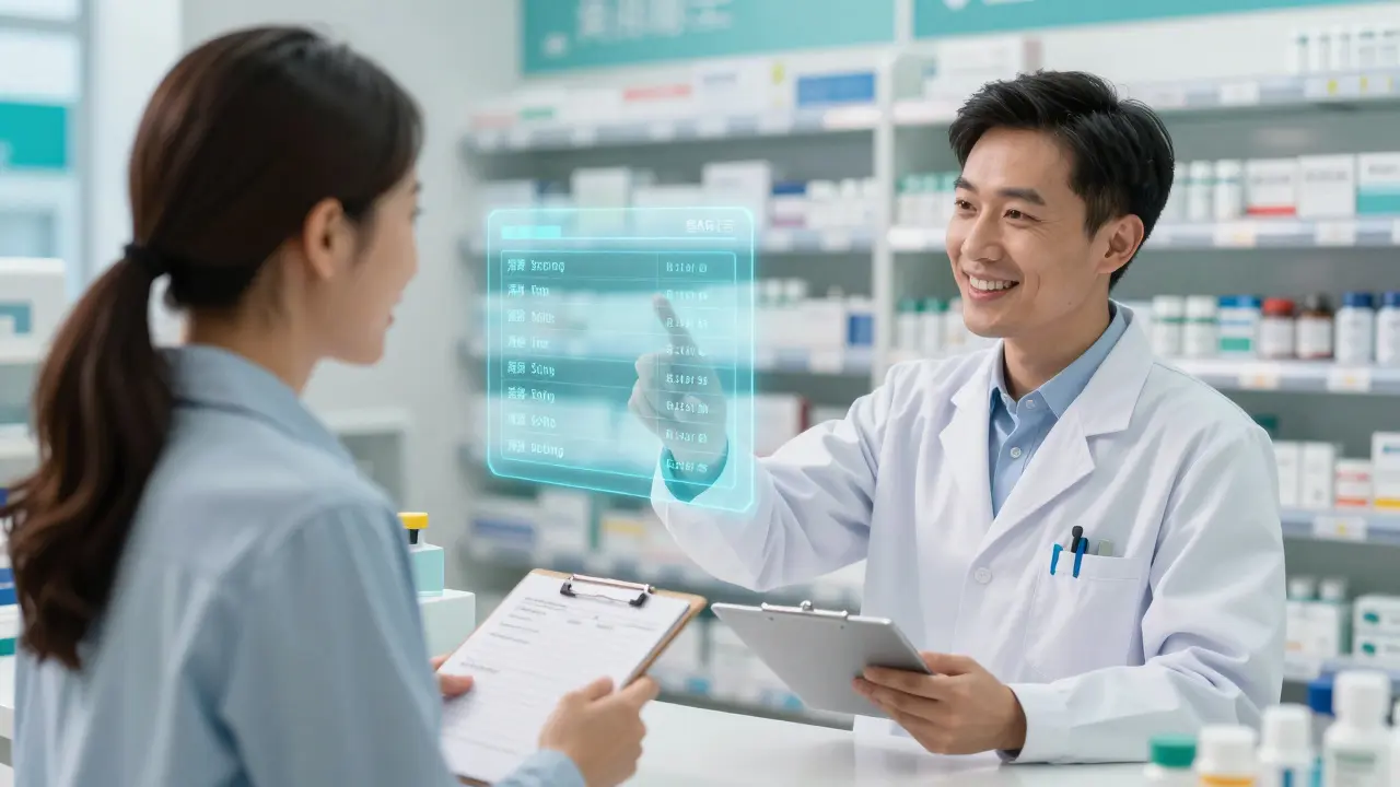 Manhua style patient and pharmacist discussing medication ingredients using a holographic database.