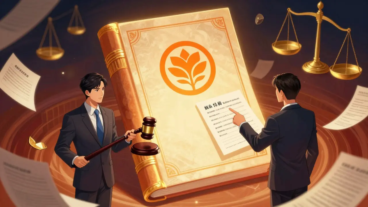 Manhua style scene of a legal dispute over a large, glowing orange reference book.