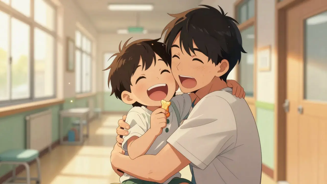 Manhua style scene of a parent and child celebrating a successful food allergy test.