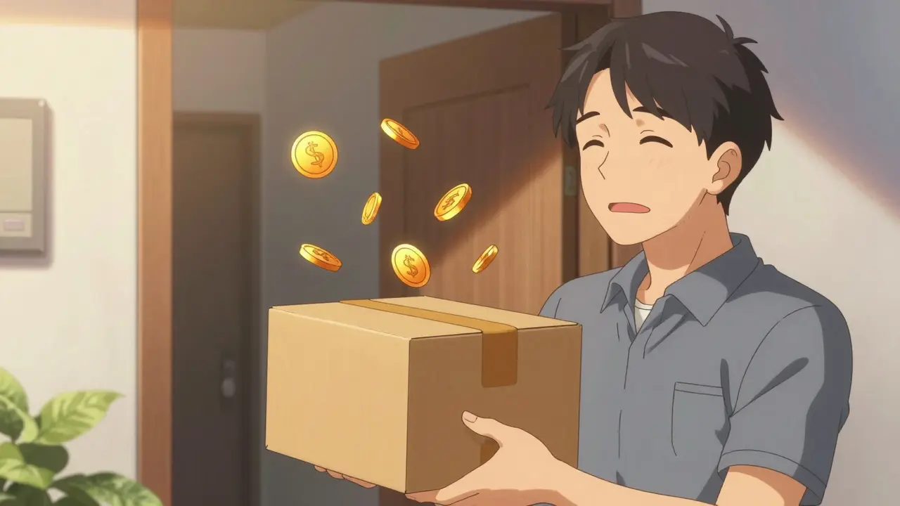 Person happily receiving a discounted medication delivery package