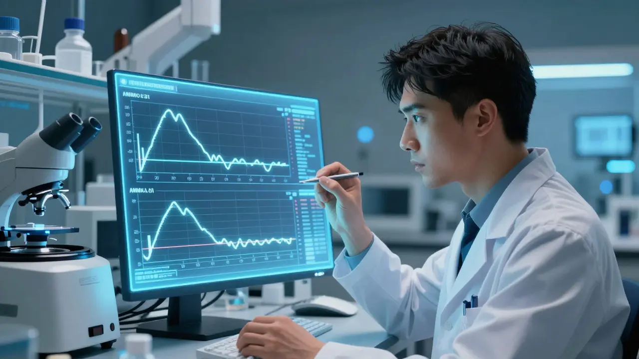 Scientist analyzing overlapping bioequivalence drug curves on a holographic screen in manhua style.
