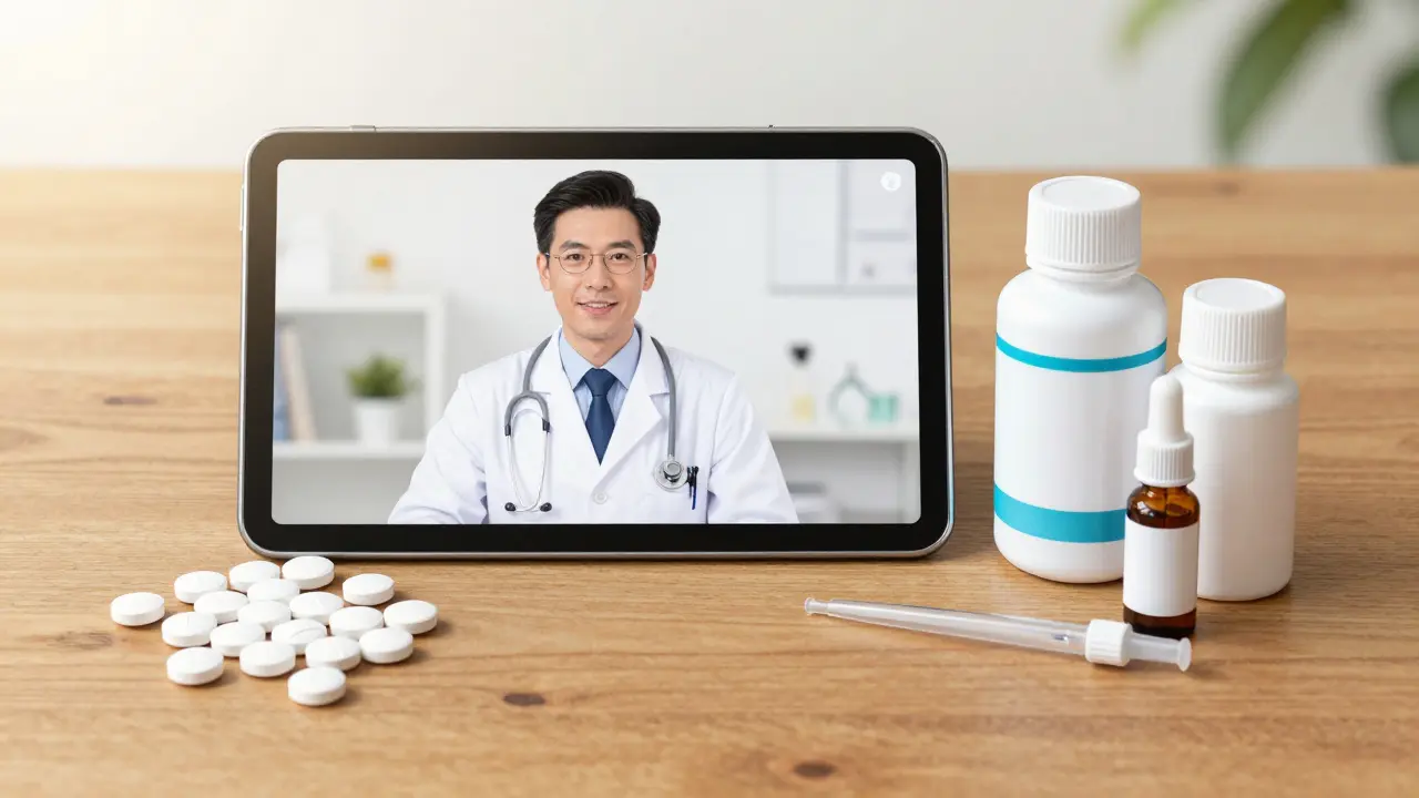 Telehealth doctor on a tablet next to various forms of medication