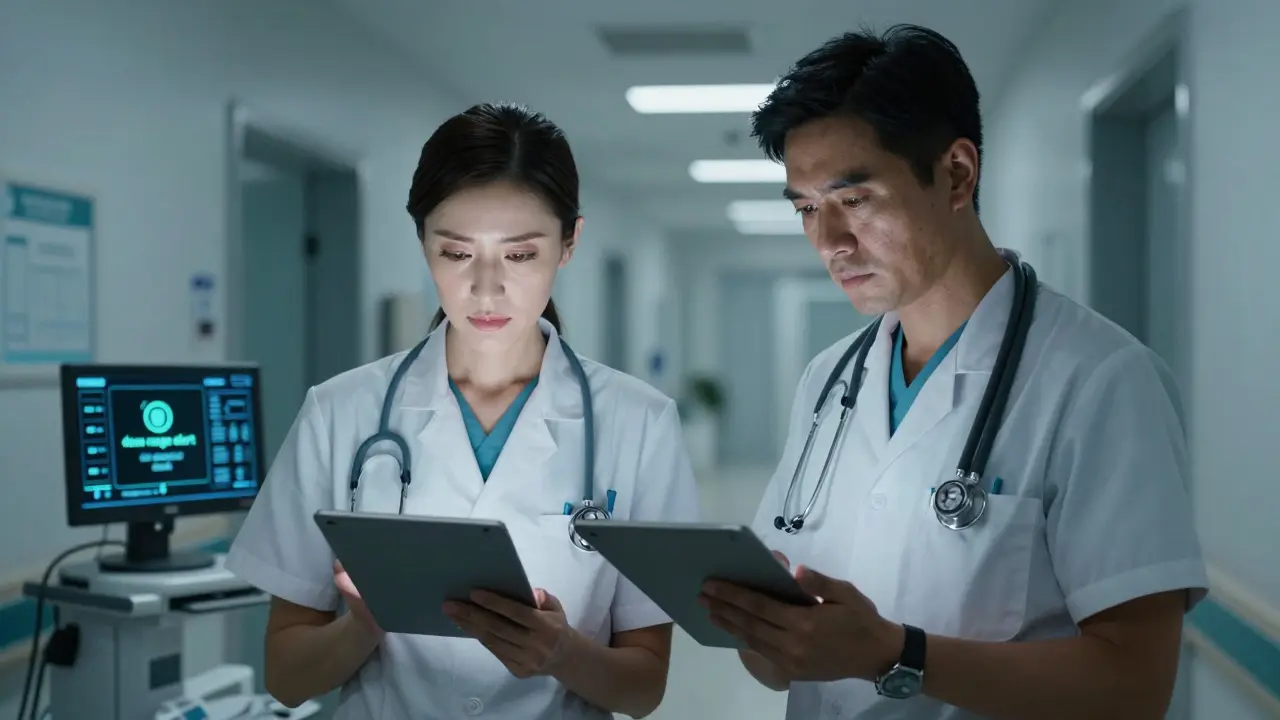 Two clinicians performing an independent double-check of medication doses