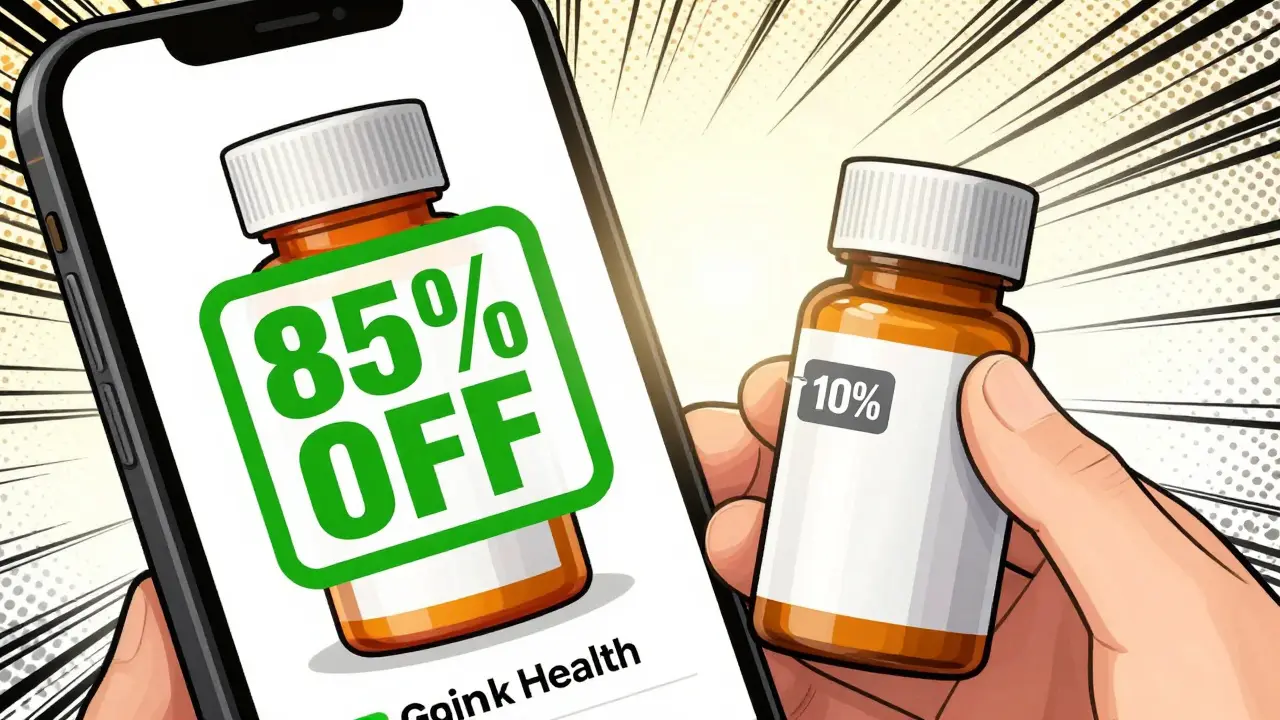 Comparison of generic drug savings versus minimal brand-name discounts on medicine bottles.