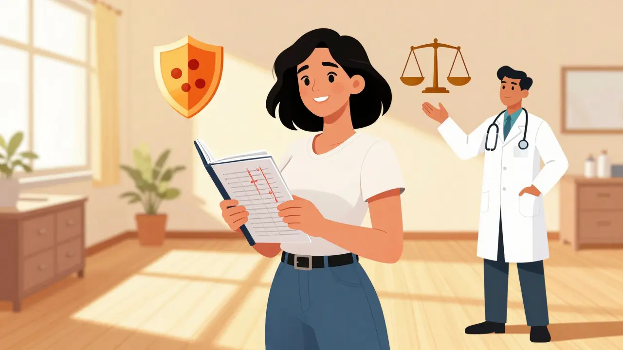 Confident woman holding symptom tracker with supportive advisor in bright room.