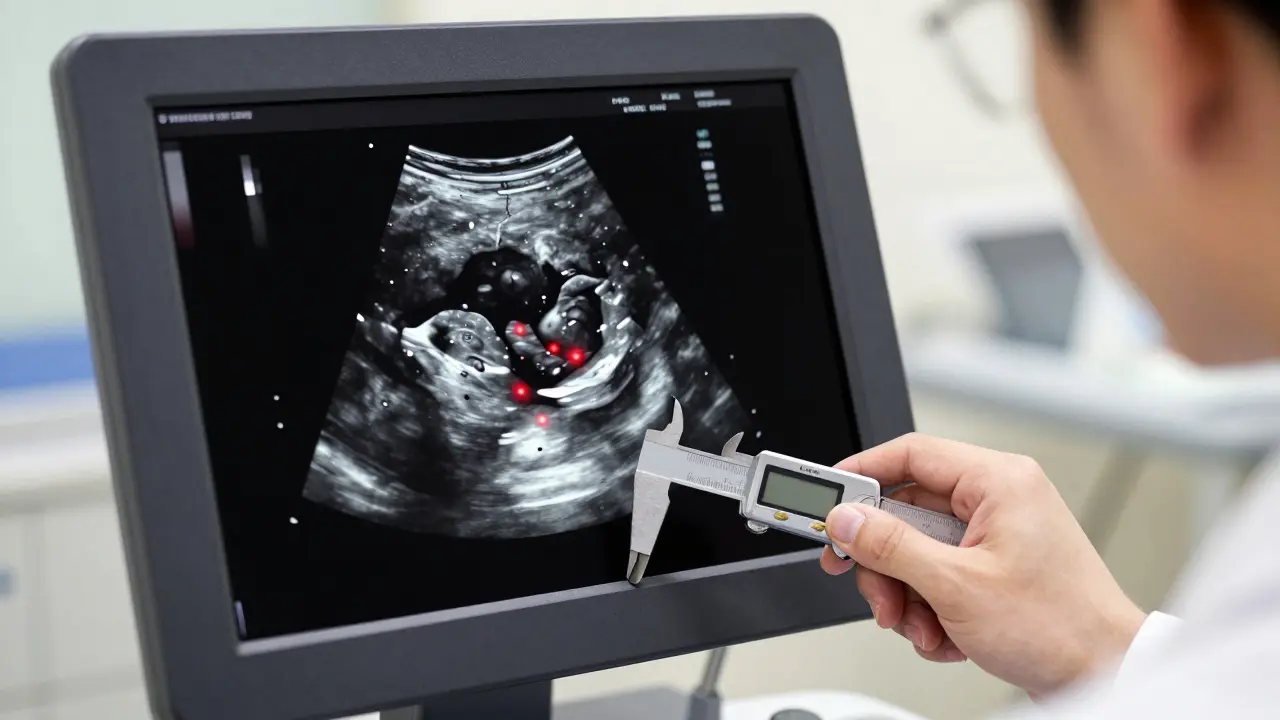 Doctor analyzing suspicious thyroid nodule on ultrasound screen