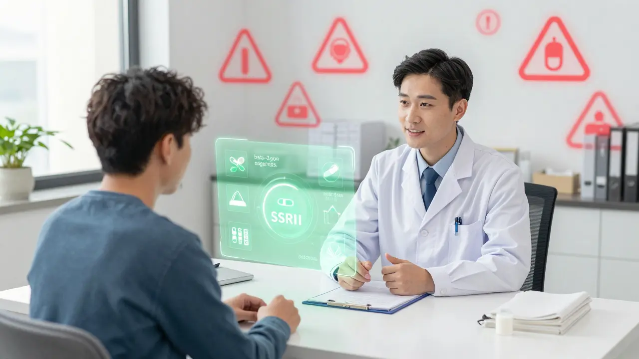 Doctor and patient discussing safer medication alternatives in Manhua style