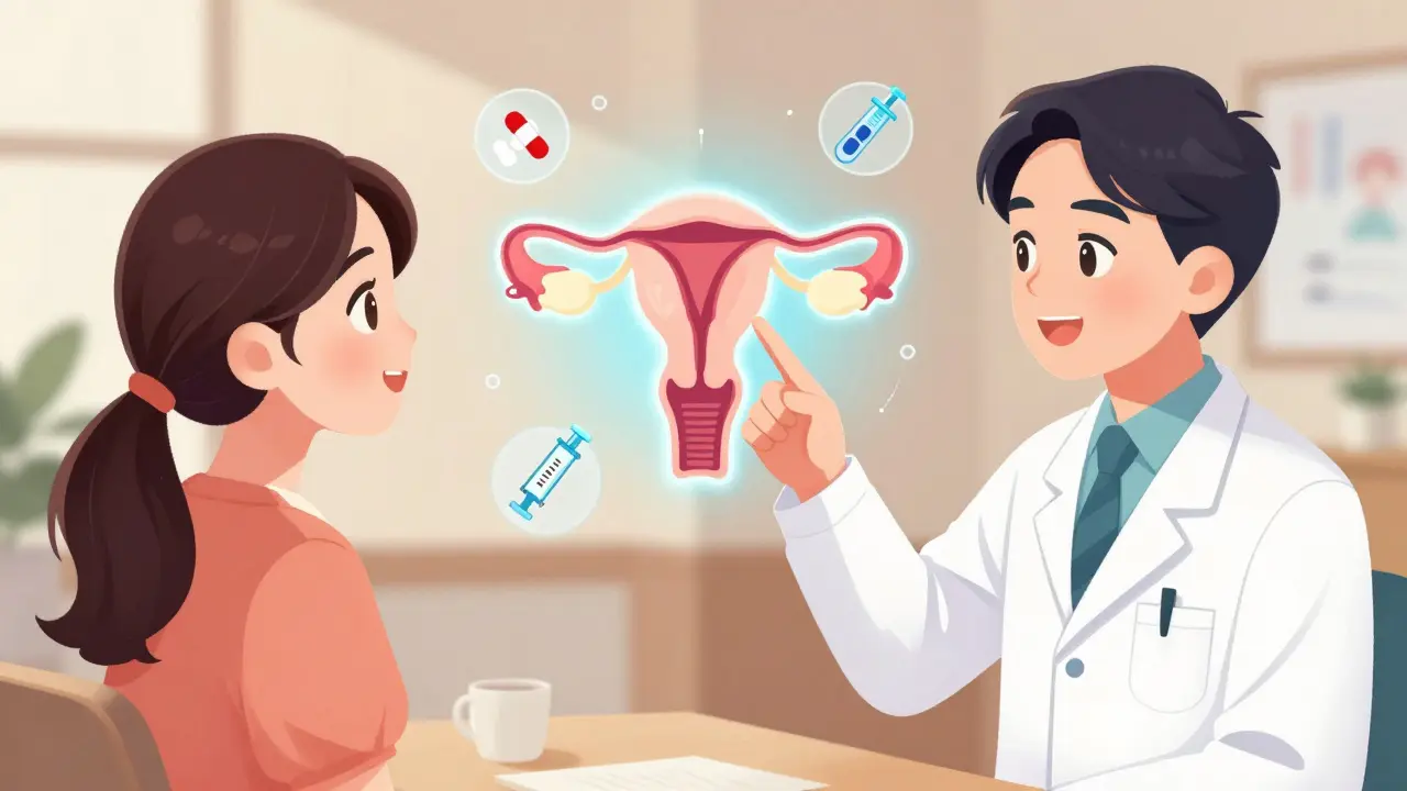 Doctor explaining IUD treatment to patient with glowing medical diagram overlay.