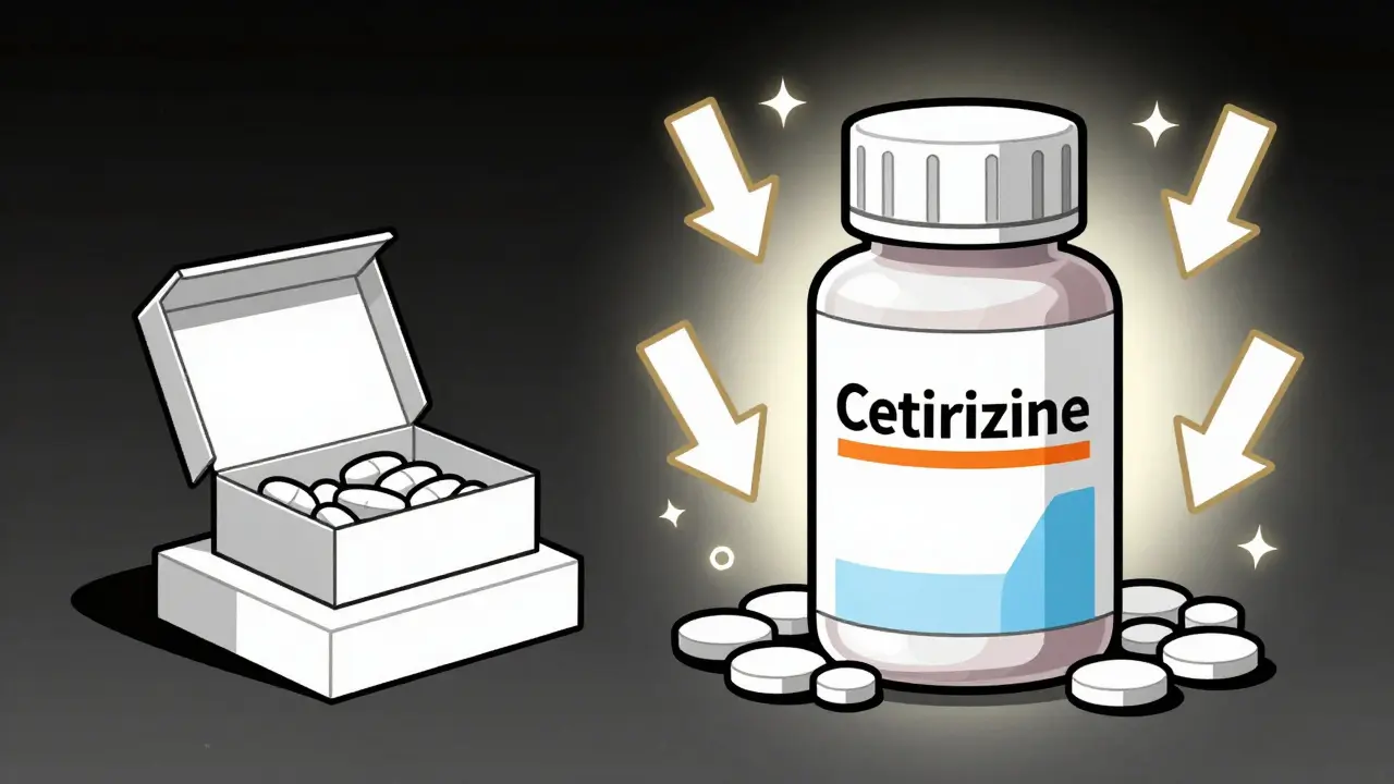 Generic medicine bottle overflowing with pills next to expensive brand box