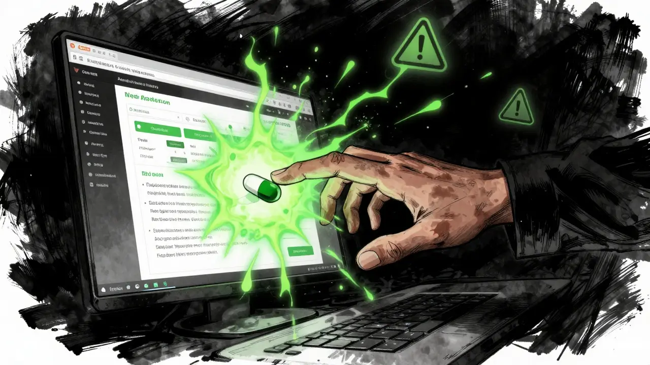 Hand reaching for a dangerous, glowing pill in a dark digital void