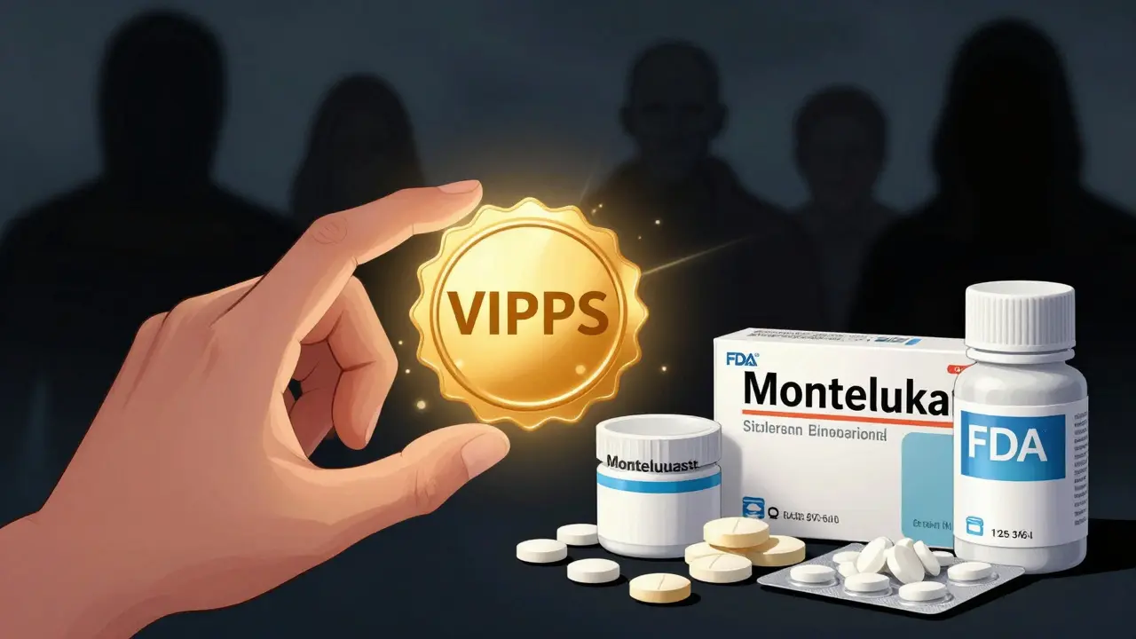 Hand touching a glowing safety seal while rejecting shadowy fake medicines.