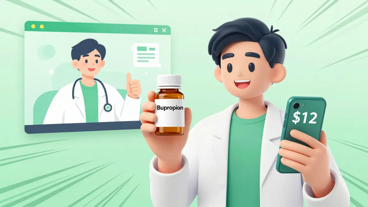 Happy person holding cheap generic meds and phone with telehealth approval.