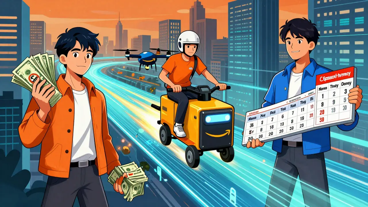 Illustration comparing online pharmacy benefits like savings, speed, and bulk deals.