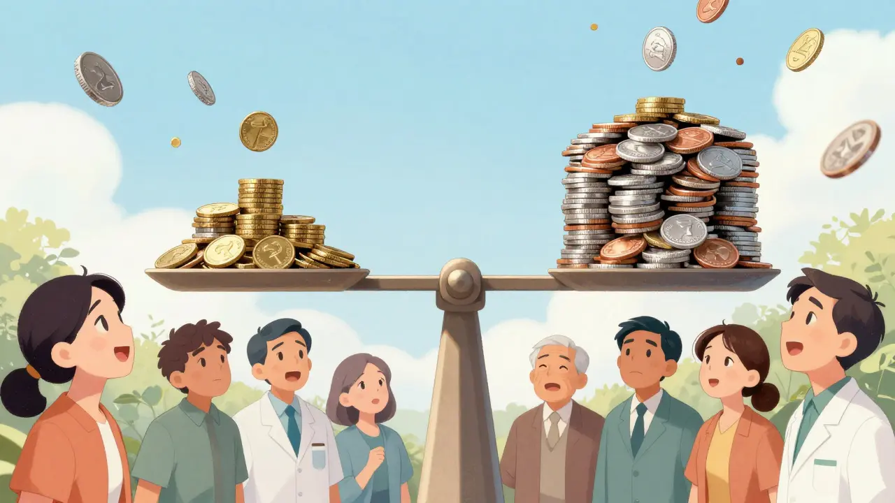 Illustration showing falling coins and happy consumers benefiting from lower drug prices.
