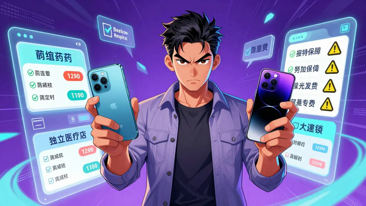 Person confidently comparing drug prices on two smartphones with floating data graphics.